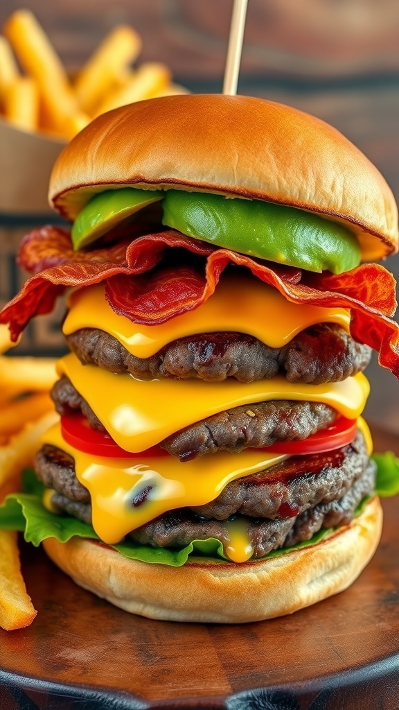 A gourmet cheeseburger with beef patty, cheddar cheese, avocado, and bacon on a brioche bun, served with fries.
